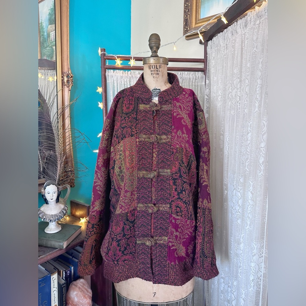 Vintage 90s White Stag whimsy goth tapestry bohemian patchwork jacket size Large